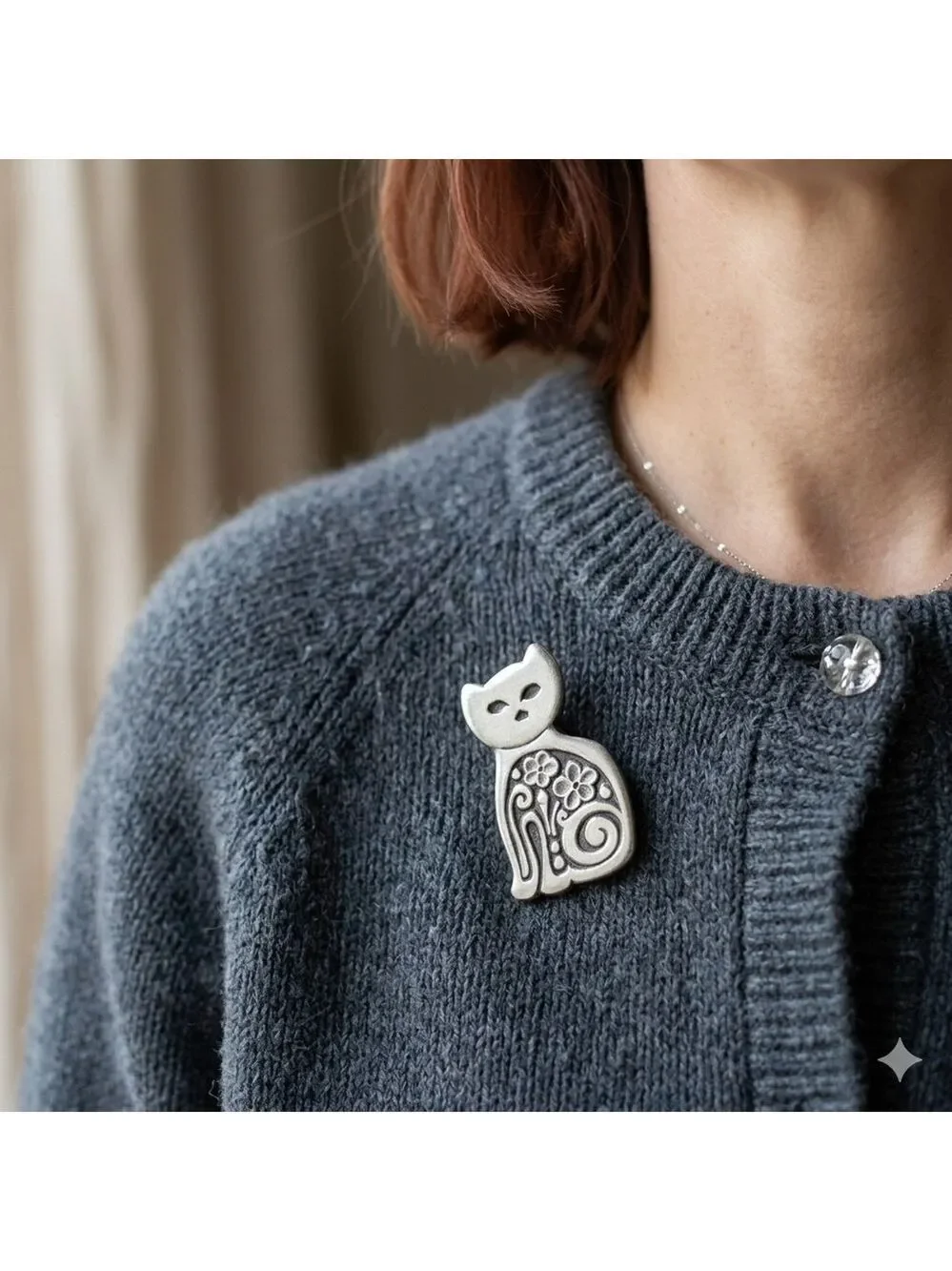 ​VTG Rune Tennesmed Sweden Pewter Cat Brooch Modernist Floral MCM Kitty Pin